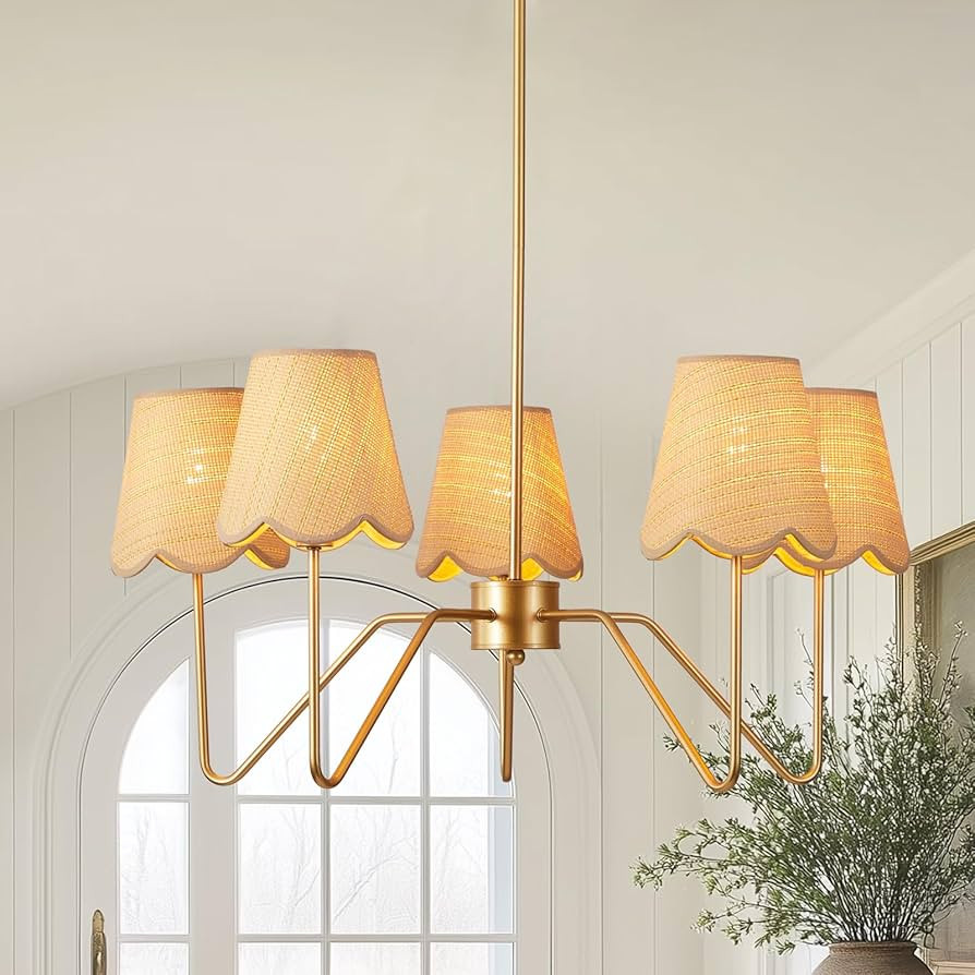 28" Rattan Chandelier, Large Modern Pendant Light Fixtures with Flower Shades Antique Brass Brush... | Amazon (US)