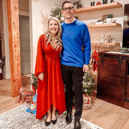 Christmas party time! ❤️🎄🎉 Tim actually put those surgeon sewing skills to great use with my dress and stitched up the neckline a good 1.5 inches to hide the plunge bra I have underneath! I loved his layered look as well - he’s upgraded his wardrobe recently and it  is 🔥

#LTKunder100 #LTKmens #LTKSeasonal