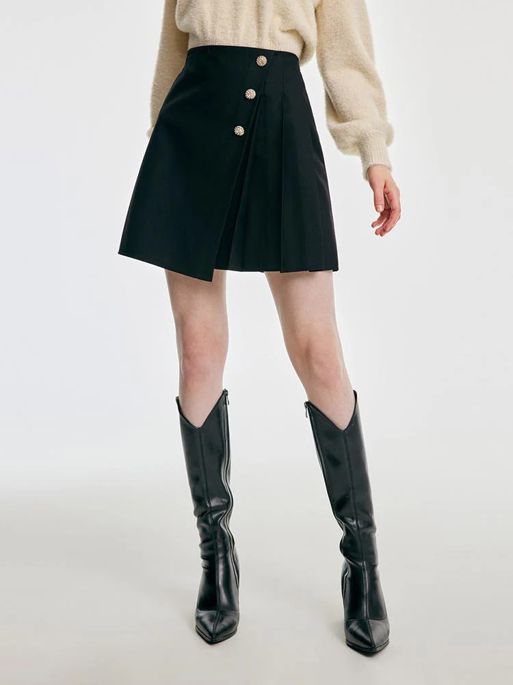 Schwarzer, geraffter A-Linien-Rock | GOELIA