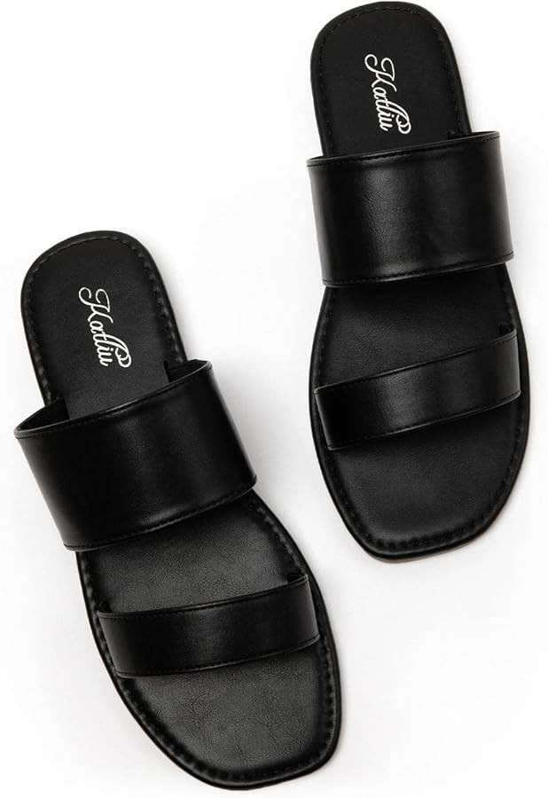 katliu Women's Flat Sandals Two Strap Slide Sandals Open Toe | Amazon (US)