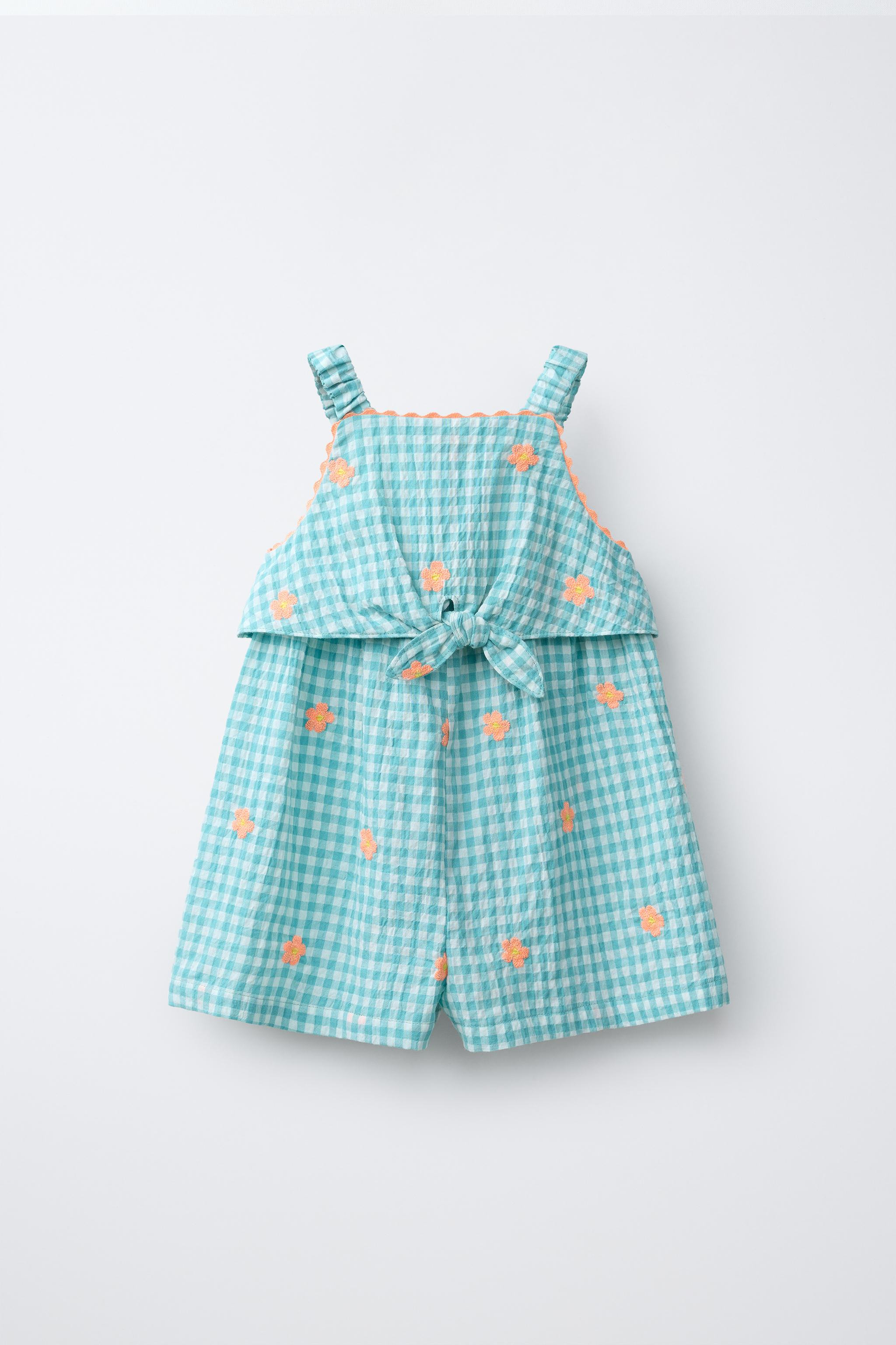 SHORT GINGHAM JUMPSUIT WITH EMBROIDERED FLOWERS | Zara US