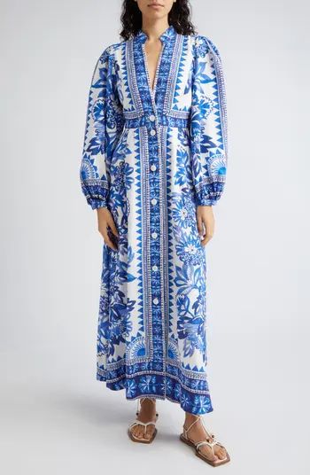 Flora Tapestry Long Sleeve Linen Blend Shirtdress | Nordstrom