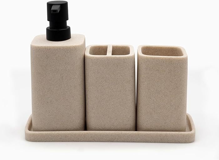 ZCCZ Beige Bathroom Accessory Set with Toothbrush Holder, Soap Dispenser, Tumbler, Tray for Bathr... | Amazon (CA)