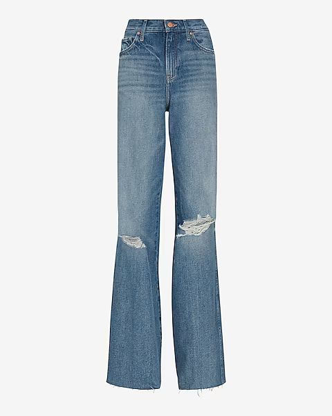 High Waisted Medium Wash Ripped Wide Leg Jeans | Express
