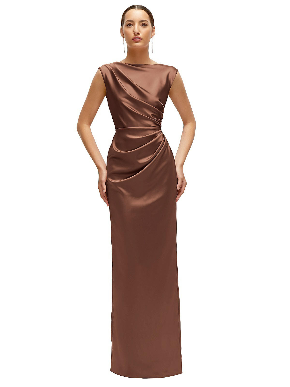 High Neck Sleeveless Cap Shoulder Satin Maxi Dress in Cognac | Dessy Group