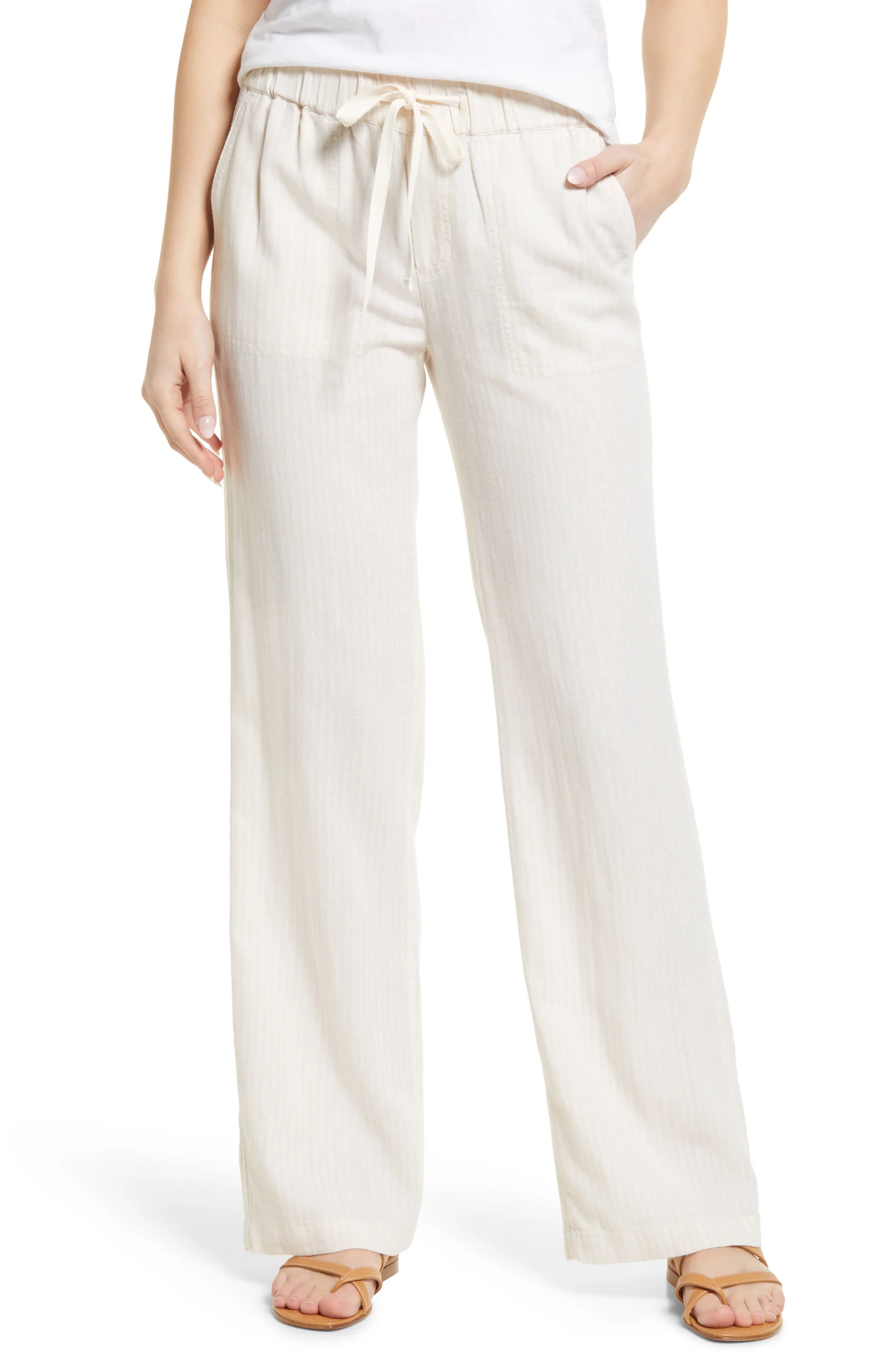 Caslon(R) Stripe Linen Blend Pants in Flax- White Stripe at Nordstrom, Size Large | Nordstrom