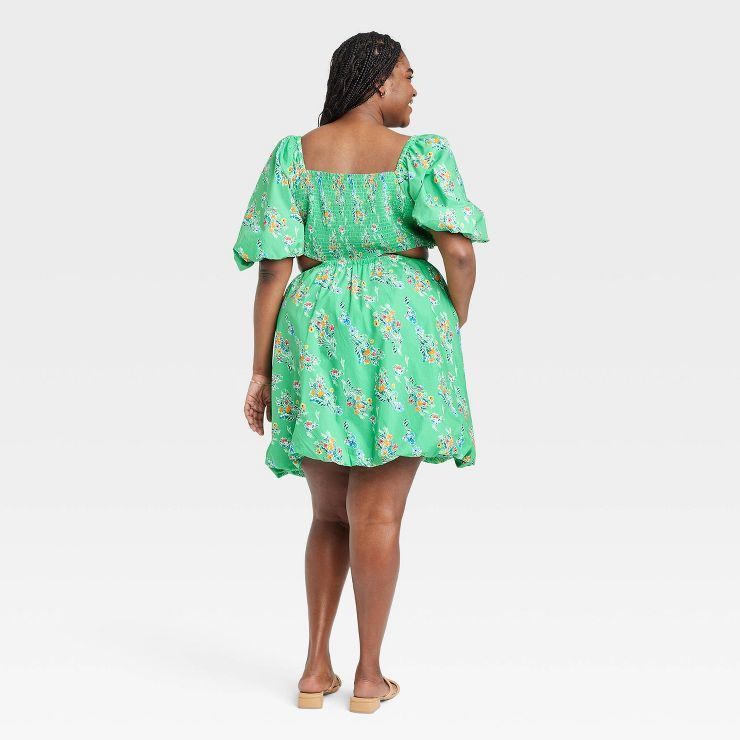 Women's Puff Short Sleeve Cut Out Bubble A-line Dress - A New Day™ Green Floral 1x : Target | Target