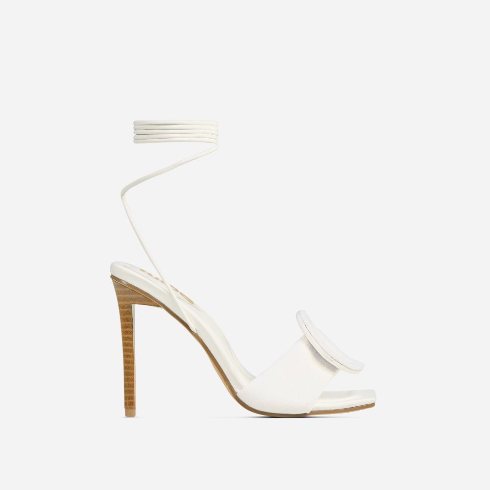 Layla Lace Up Mix Match Buckle Detail Square Toe Stiletto Heel In Cream Linen | EGO Shoes (US & Canada)
