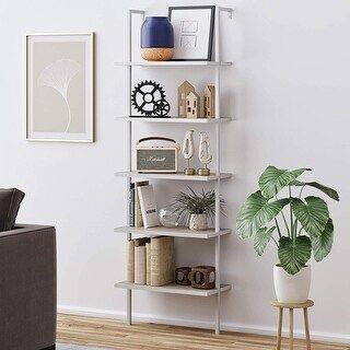 5-Shelf Wood Ladder Bookcase with Metal Frame Wall Mount Book Shelf - Brown | Bed Bath & Beyond