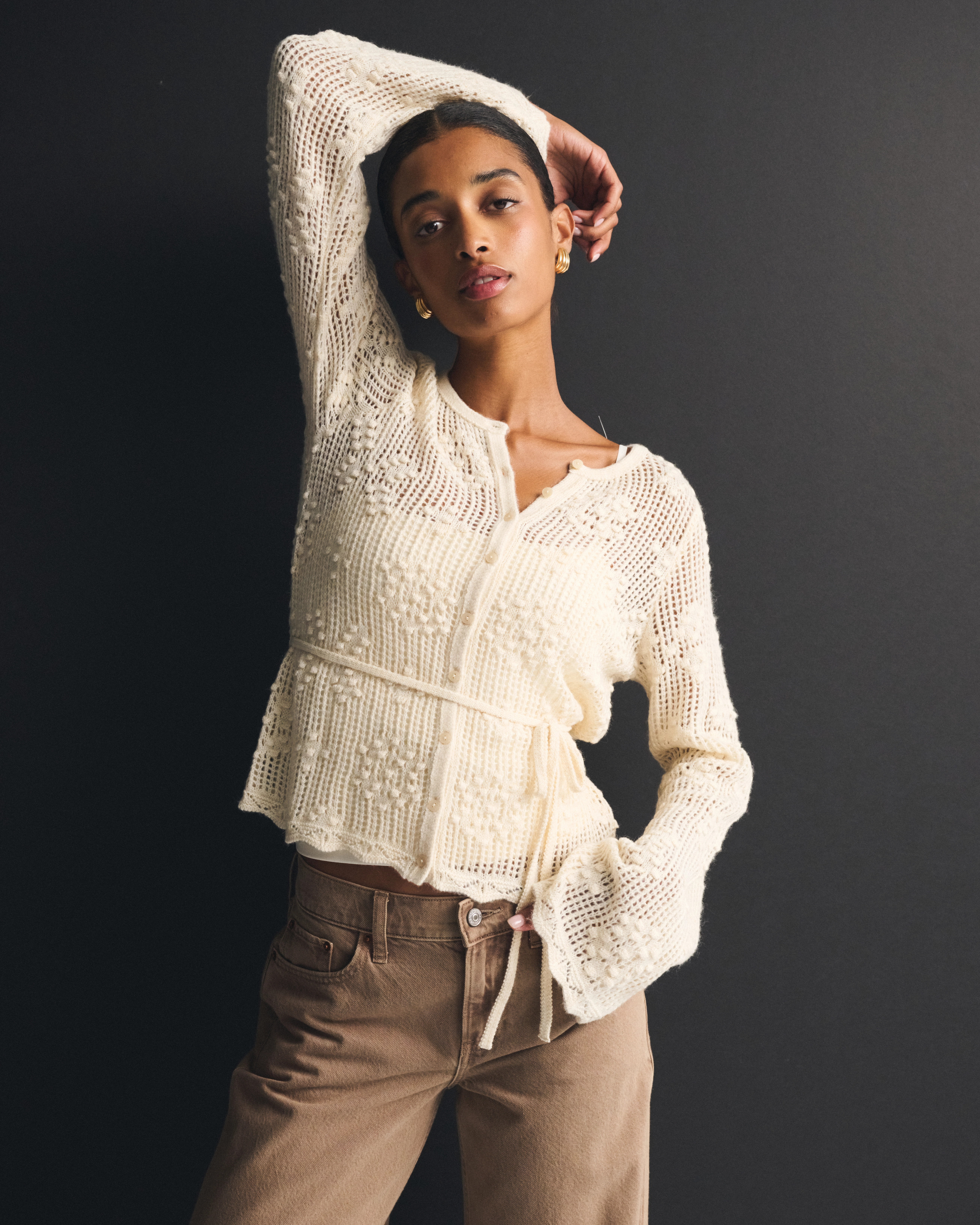 Tie-Waist Bobble-Stitch Cardigan | Abercrombie & Fitch (US)
