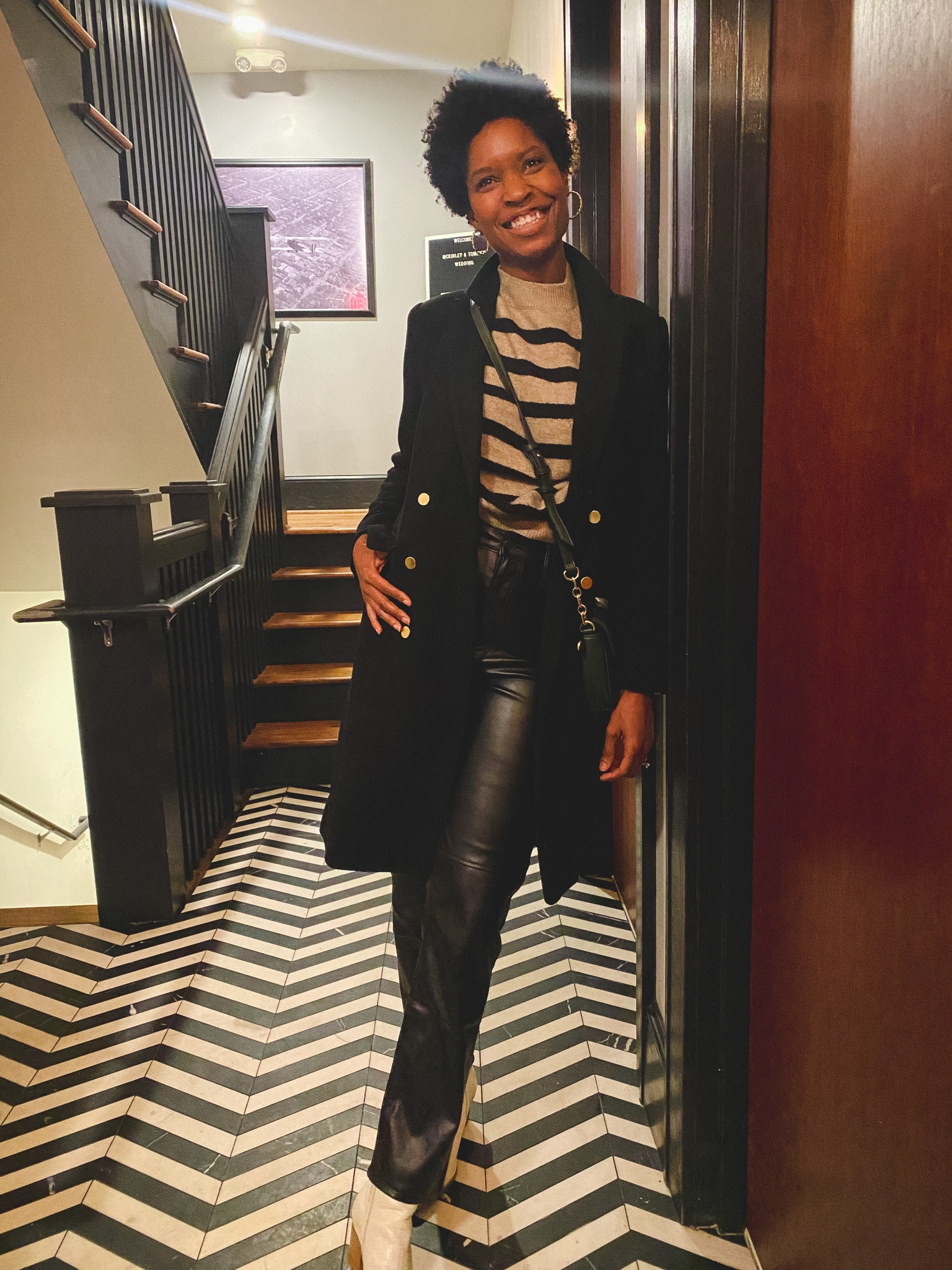 OOTD, date night, leather pants, faux leather pants, long length leather pants, leather pants for tall women, striped sweater, warm black coat, white boots 

#LTKunder100 #LTKstyletip