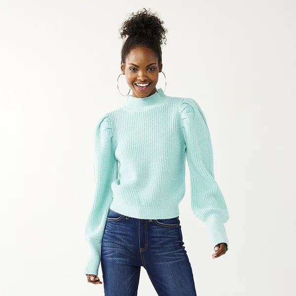 Juniors' SO® Mock Turtleneck Puff Sleeve Sweater | Kohl's