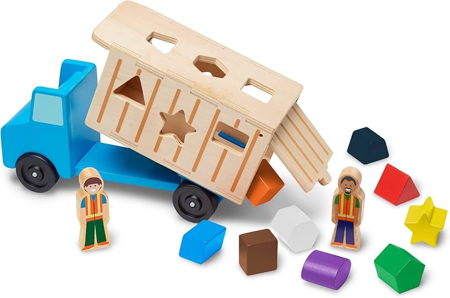 Melissa & Doug Shape-Sorting Wooden Dump Truck Toy With 9 Colorful Shapes and 2 Play Figures - Ve... | Amazon (US)