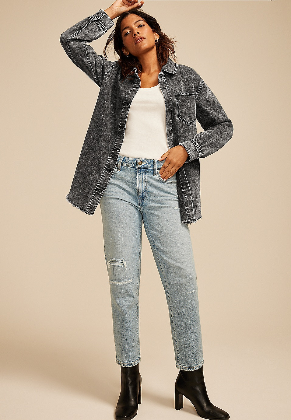 Washed Black Fray Hem Shacket | Maurices