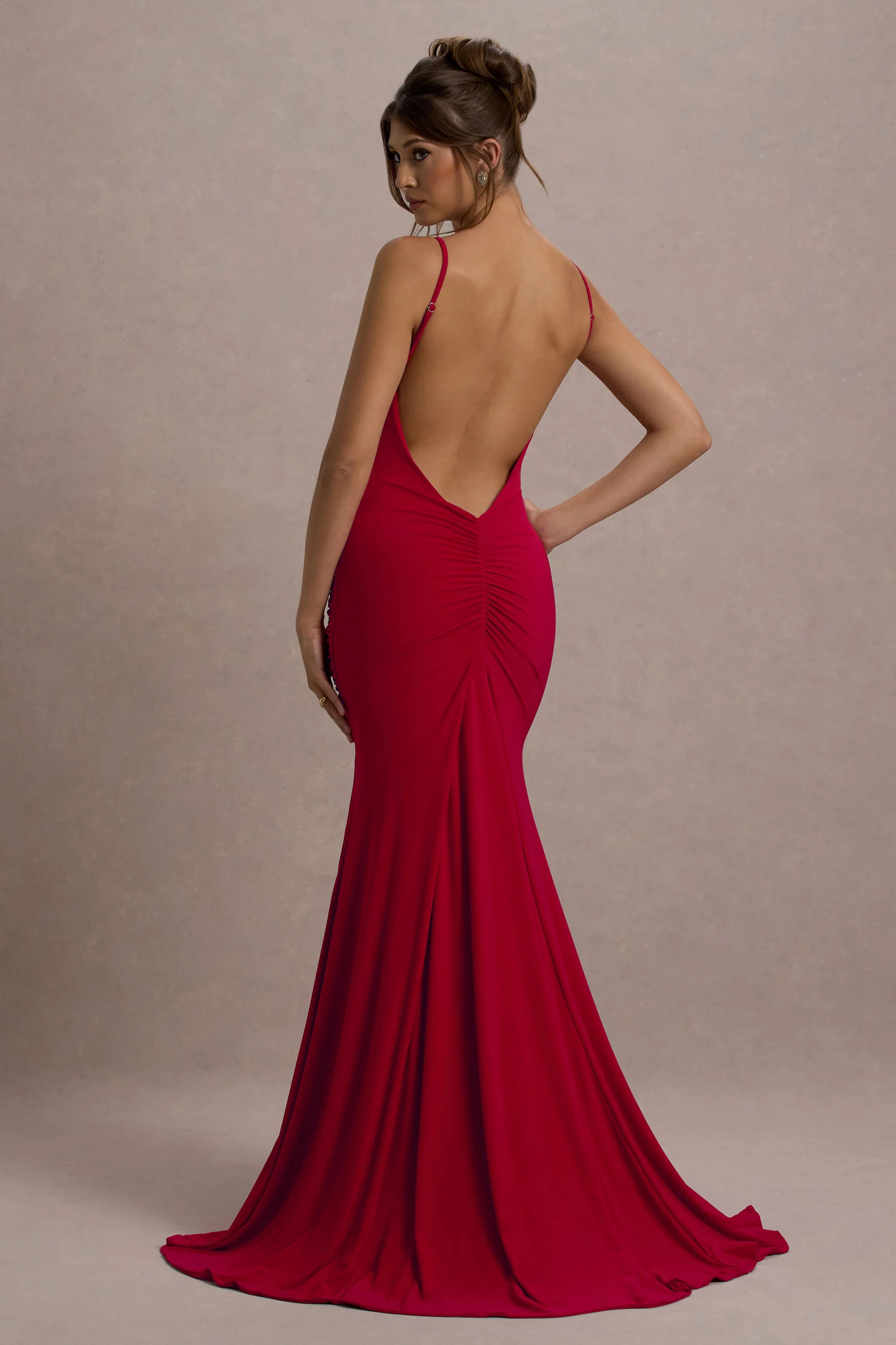 Adele | Red Ruched Fishtail Cami Maxi Dress | Club L London