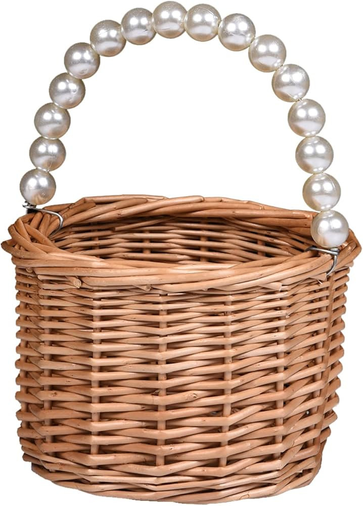 Wicker Rattan Flower Girl Basket - Pearl Handle Wedding and Home Decor | Amazon (US)