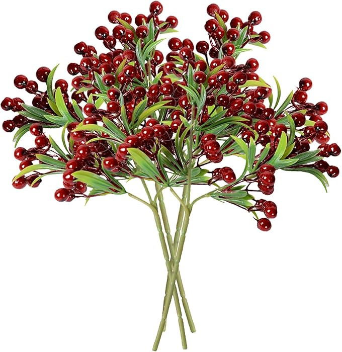 IUIBMI 4 Pack Artificial Red Berry Stems Branches 13.8 Inch Fake Burgundy Berry Picks, Faux Holly... | Amazon (US)