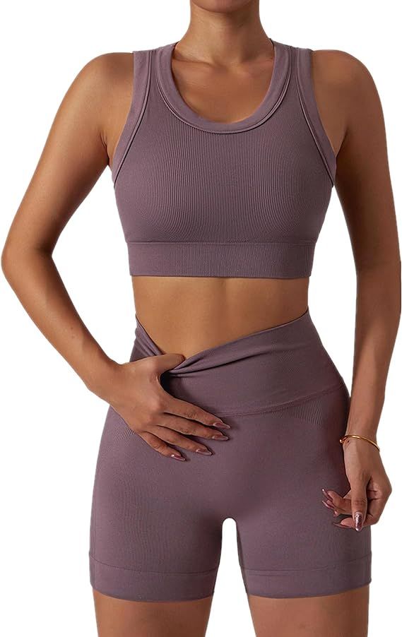 ABOCIW Workout Sets for Women 2 Piece Seamless Ribbed Tank Top Sport Bra High Waist Biker Shorts ... | Amazon (US)