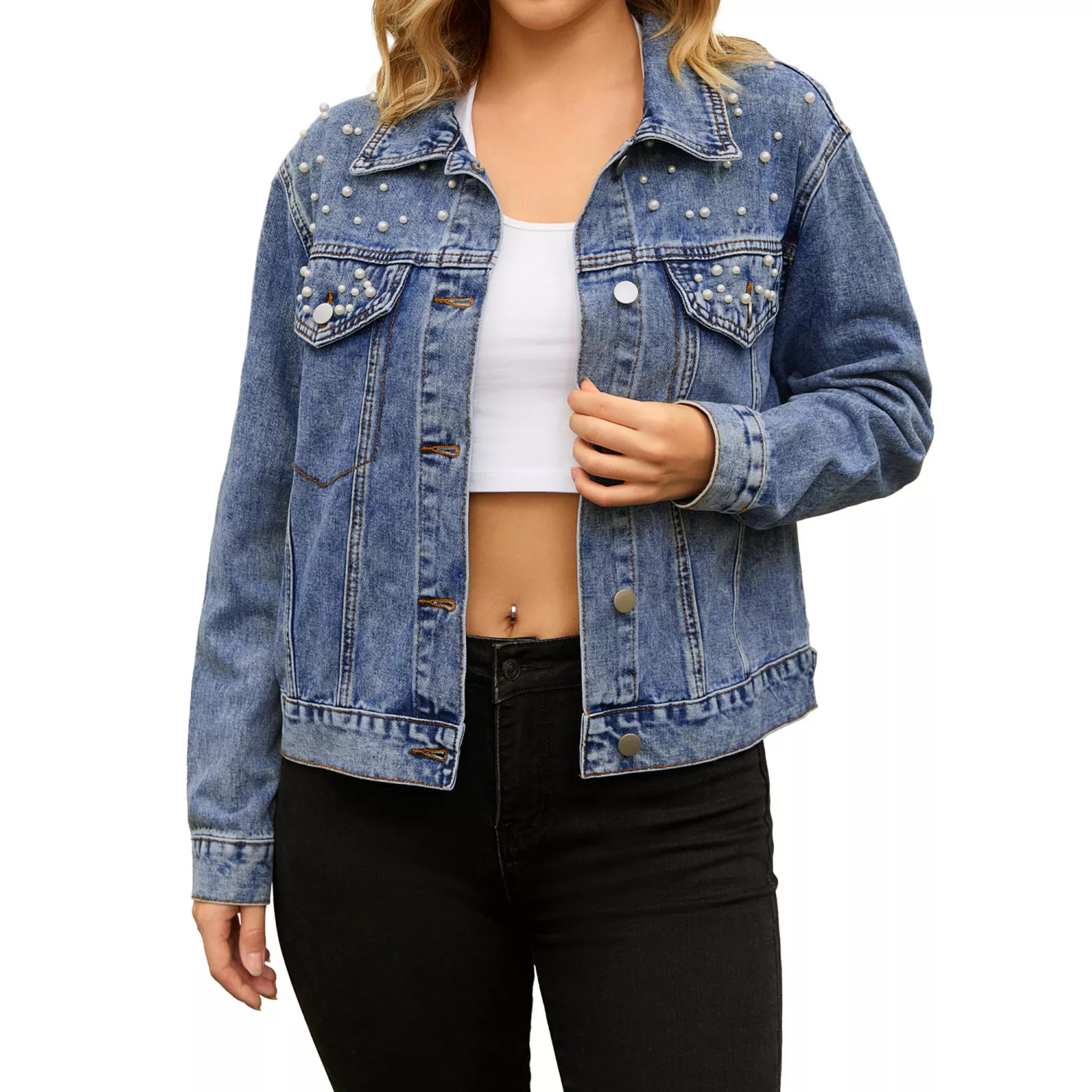 Women's Jean Jackets Trendy Button Down Long Sleeve Pearl Denim Jacket | Kohl's