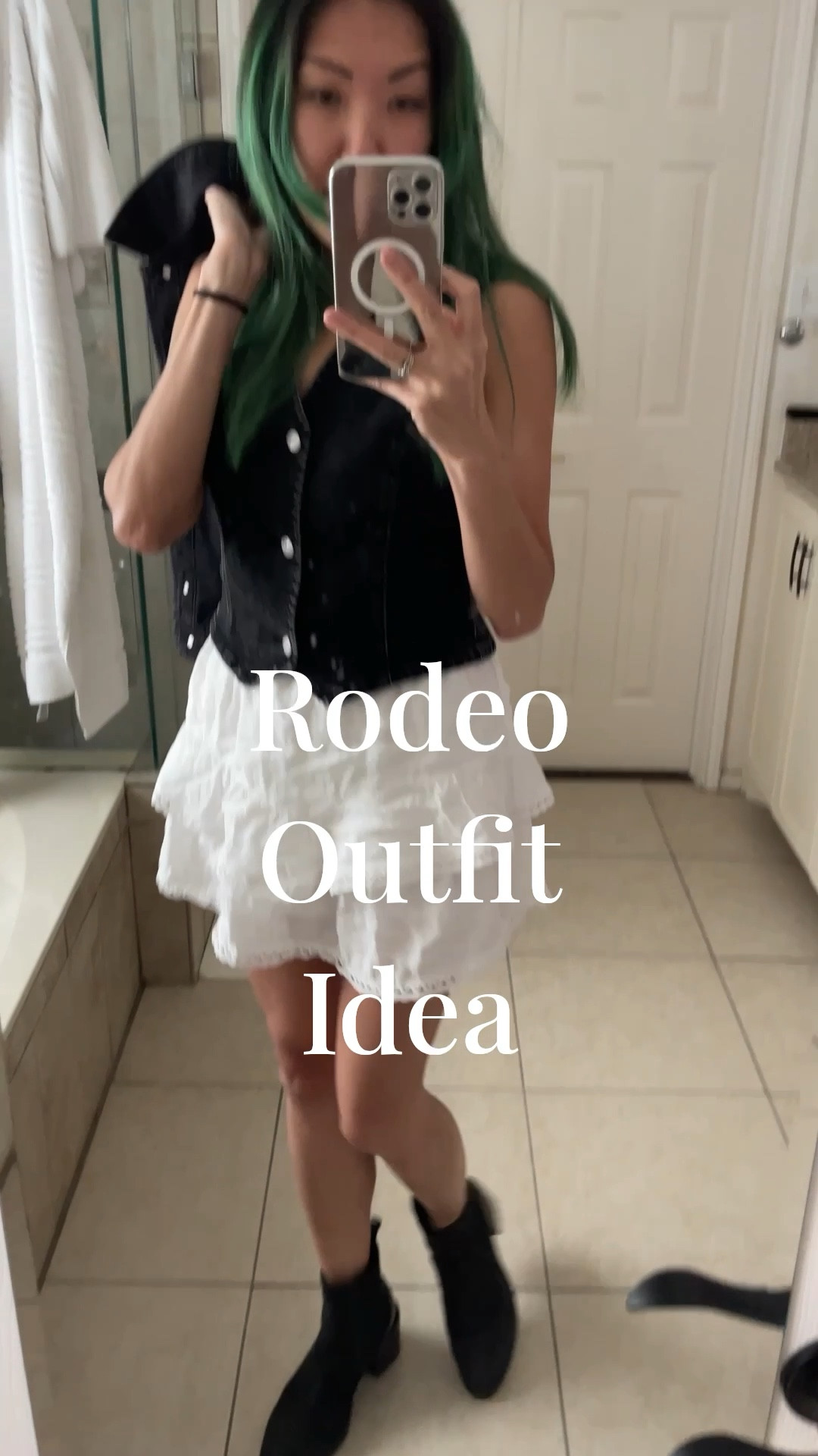 Boots are my fave so I lets pull out our favorite ankle boots for Rodeo / country music concert / festival season! 

The white tired ruffle mini skirt is actually a SKORT with shorts underneath. I paired is with a black denim button up vest top, and a black fringe denim jacket to throw on. 

Related: spring summer western style denim vest ruffle skort black and white outfit Chelsea boots ankle boots

#LTKShoeCrush #LTKSpringSale #LTKStyleTip