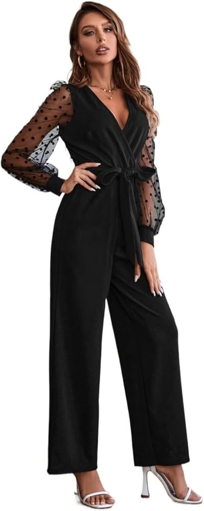 Contrast Mesh Lantern Sleeve Belted Jumpsuit High Waist Womens Beach Outfits Jumpsuits | Amazon (US)