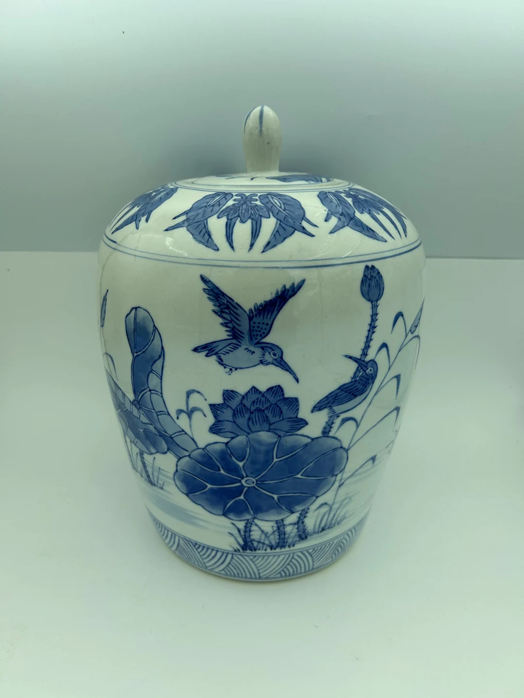 Large 11 Inch Chinese Blue And White Porcelain Ginger Jar Canister Urn With Lid And Asian Chrysan... | Etsy (US)