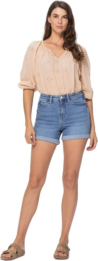 Judy Blue Women's High Rise Open Seam Cuffed Shorts | Amazon (US)