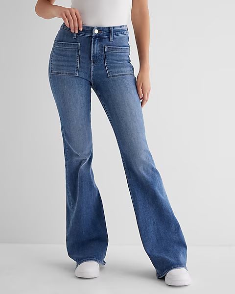Mid Rise Medium Wash Patch Pocket Flexx '70s Flare Jeans | Express (Pmt Risk)