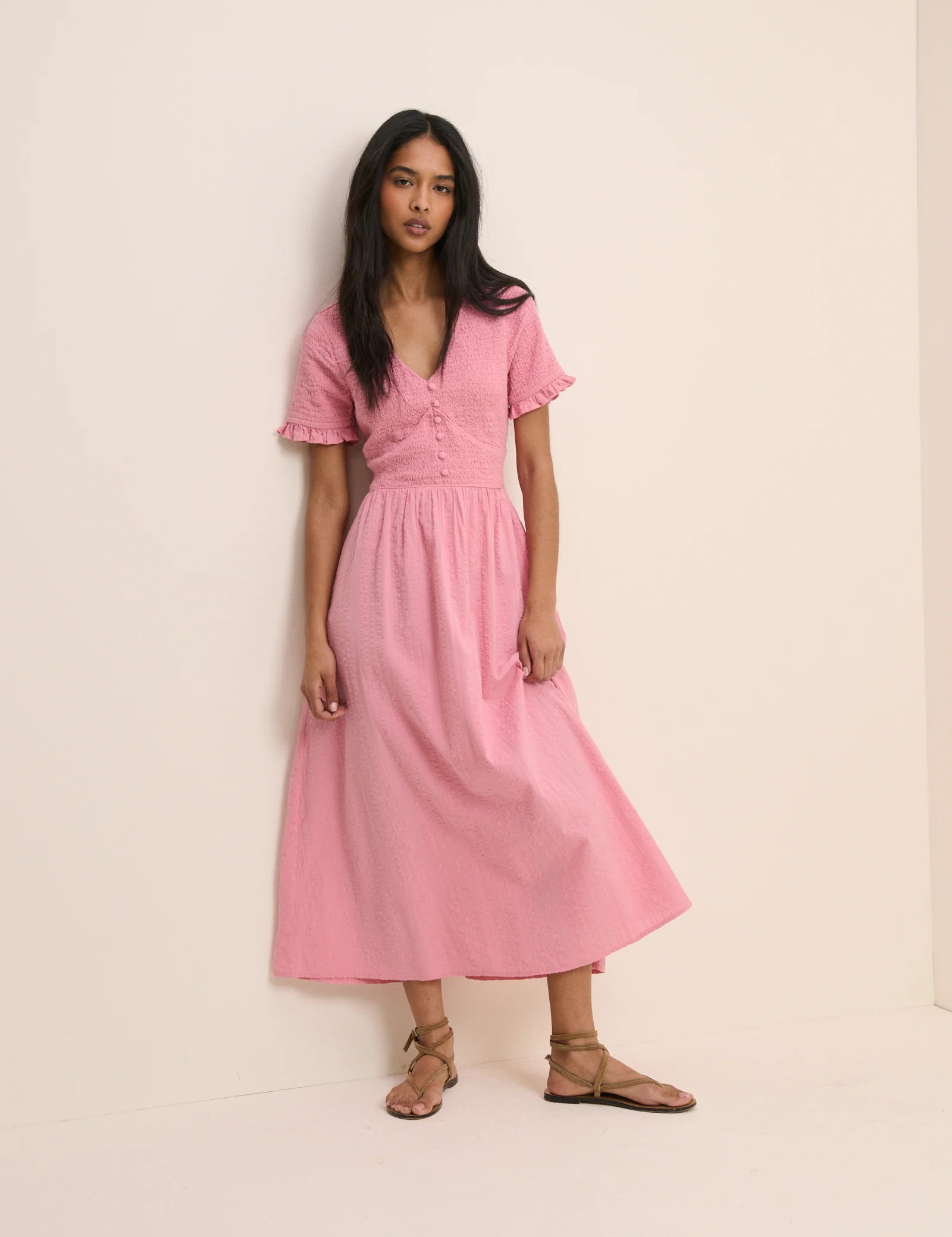 Pink Shirred V-Neck Eliza Midi Dress | Nobody's Child
