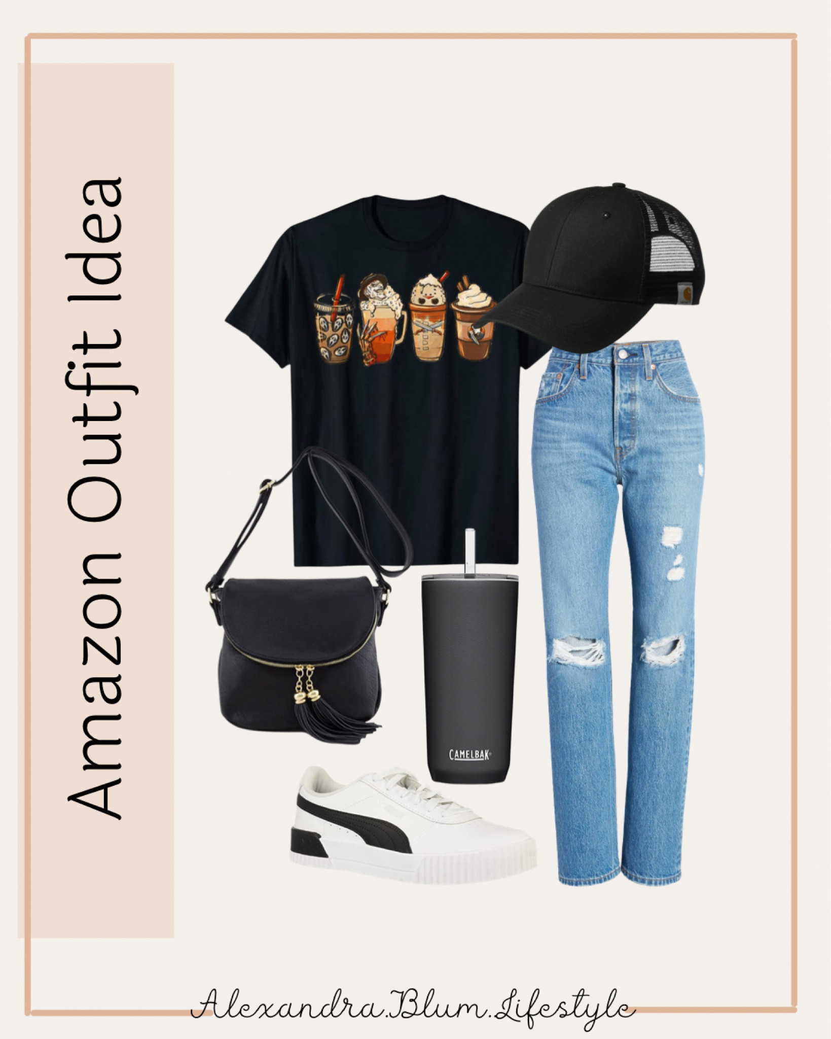Amazon outfit idea!! Fall and Halloween t-shirt idea, carhart baseball hat, dark denim blue jeans, black crossbody purse, black tumbler, and white sneakers!! Casual fall outfit idea!! Fall fashion! Amazon fashion finds! 

#LTKHalloween #LTKunder50 #LTKshoecrush