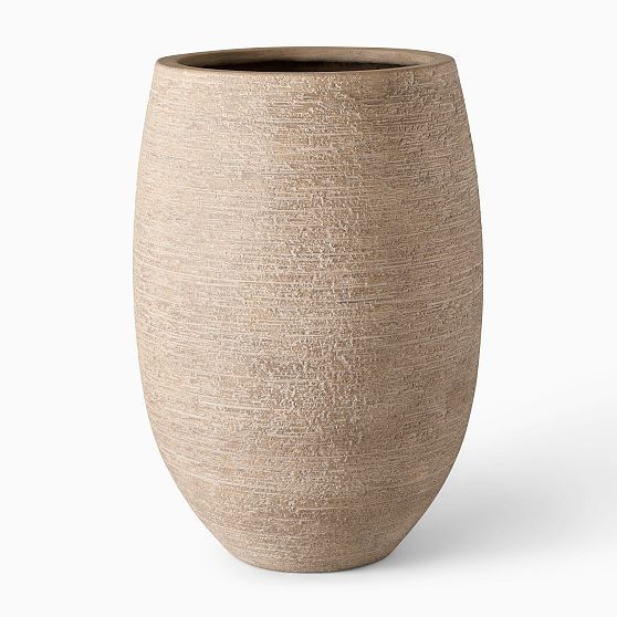 Curved Round Ficonstone Indoor/Outdoor Planter, Standard Entry, 20""D x 29""H, Textured Stone | West Elm (US)