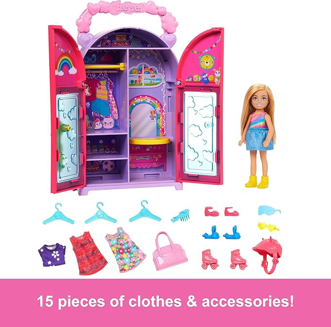 Barbie Chelsea Doll & Closet Toy Playset with 15 Pieces Clothes & Accessories Included, Foldable ... | Amazon (US)