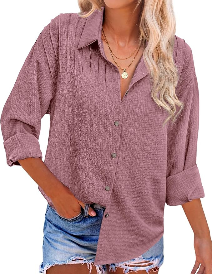 HOTOUCH Button Down Shirts for Women Casual Pleated Long Sleeve Shirt Textured Loose Fit Collared... | Amazon (US)