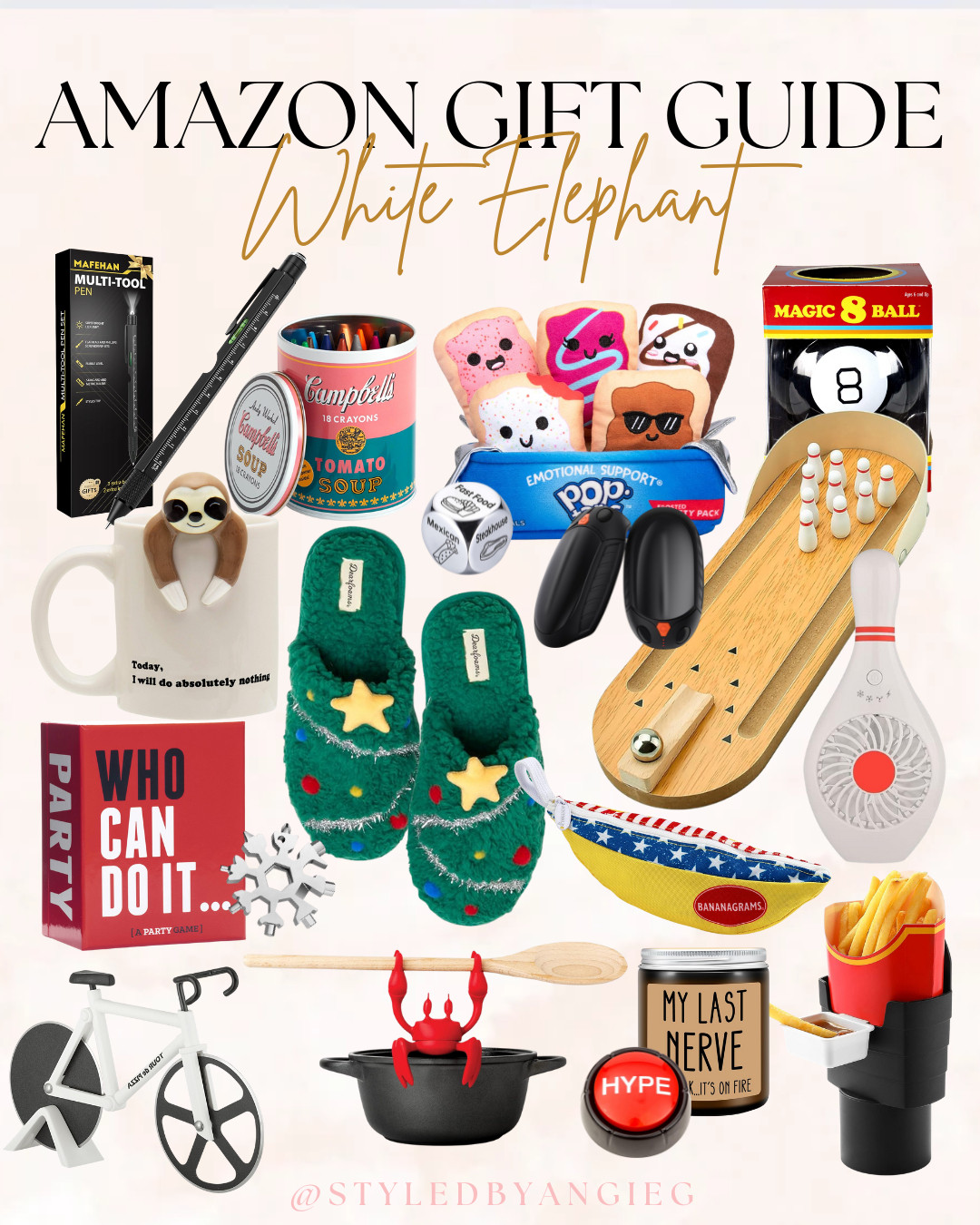 White elephant gifts from Amazon under $30! #founditonamazon  Amazon gifts, white elephant ideas, funny gifts, novelty slippers, desk bowling game, pop-tart plushies, magic 8 ball, party games, stocking stuffers, office gifts, quirky gift ideas, secret Santa gifts, gift exchange ideas 

 #LTKGiftGuide #LTKHoliday #LTKootd