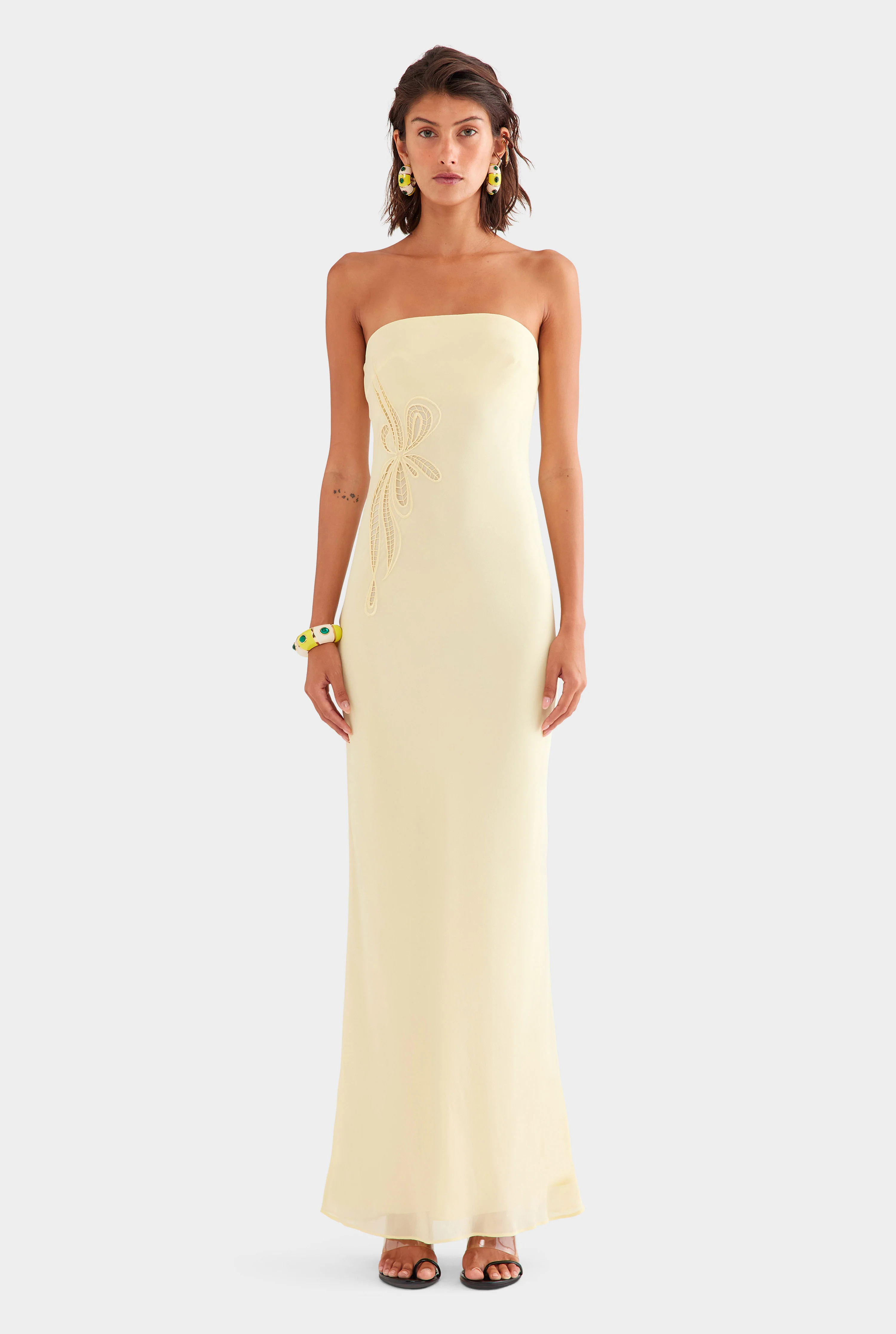Strapless Silk Embroidered Maxi Dress in Pastel Yellow | Venroy | Venroy AU