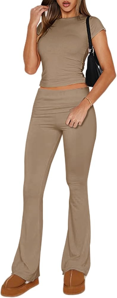 Ivicoer Stylish Women's 2 Piece Outfits Soft Short Sleeve Crop Tops and Fold over Yoga Pants Y2k ... | Amazon (US)