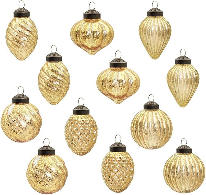 Mercury Glass Christmas Ball Antiqued Ornaments Holiday Decor Golden Color Small Series(12 Pieces... | Amazon (US)