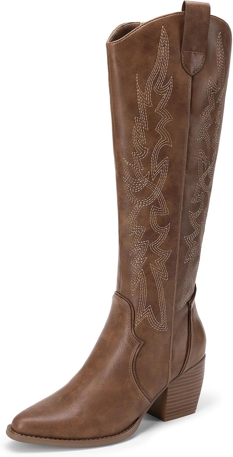 DREAM PAIRS Womens Cowboy Knee High Chunky Heel Boots | Amazon (US)