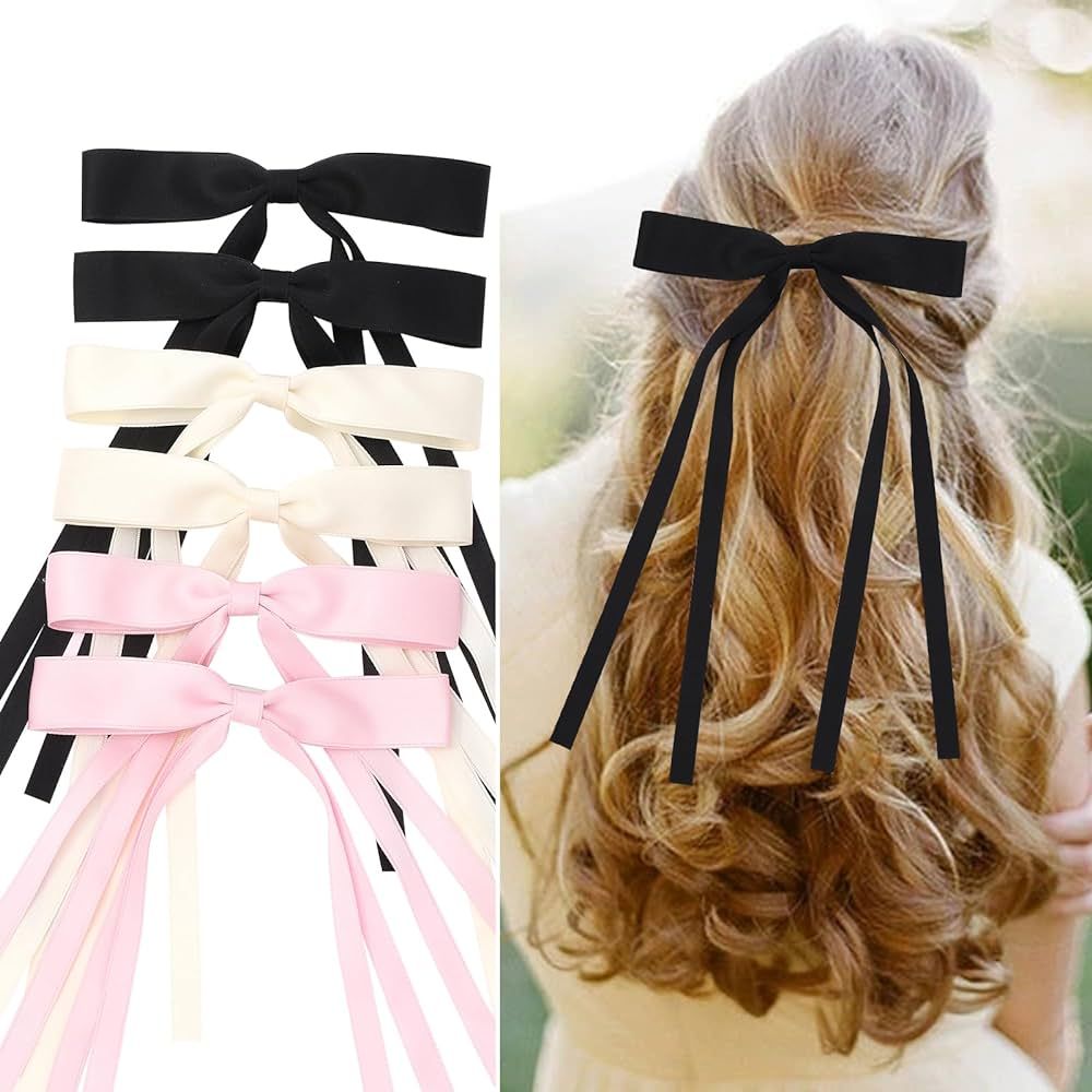 Purggy 6 Pcs Hair Bow Clips for Women Girls,Silky Satin Ribbon Hair Bows with Long Tail, Bowknot ... | Amazon (US)