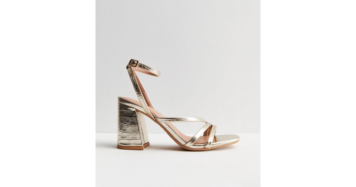 Gold Faux Croc Block Heel Sandals | New Look | New Look (UK)