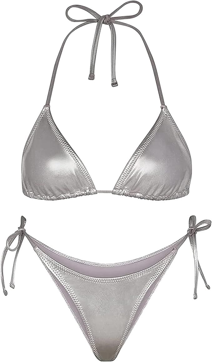 Metallic Bikini for Women - Retro Shiny Silver Gold Swimsuits Bathing Suit Triangle Tops Side Tie... | Amazon (US)