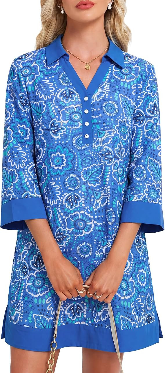 Women's Floral Mini Dresses Long Sleeve Button V Neck Short Dress Casual Printed Shift Dress with... | Amazon (US)