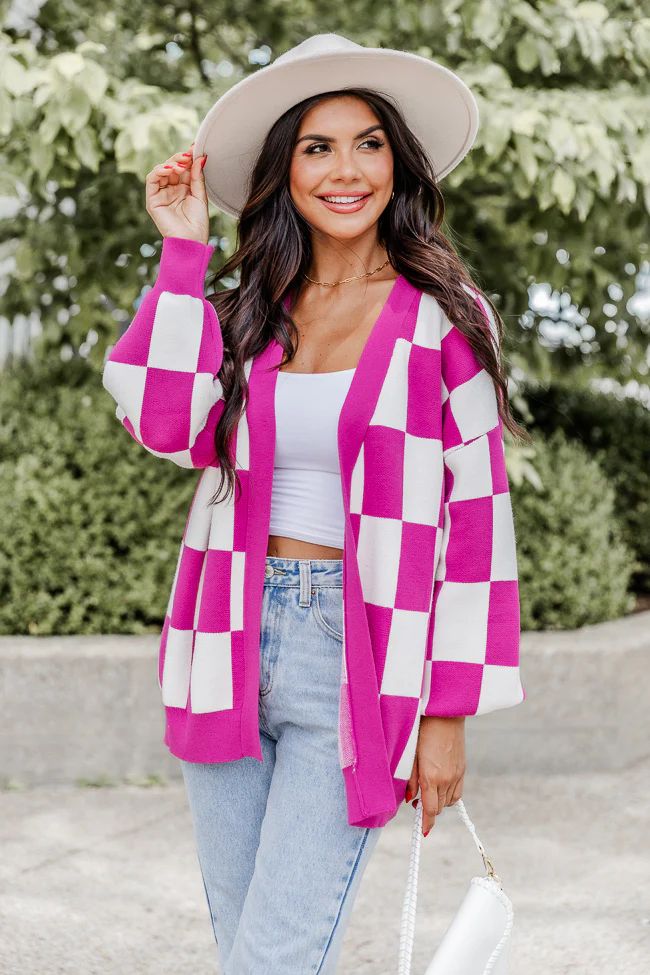 Trying Your Best Magenta Checkered Cardigan | Pink Lily