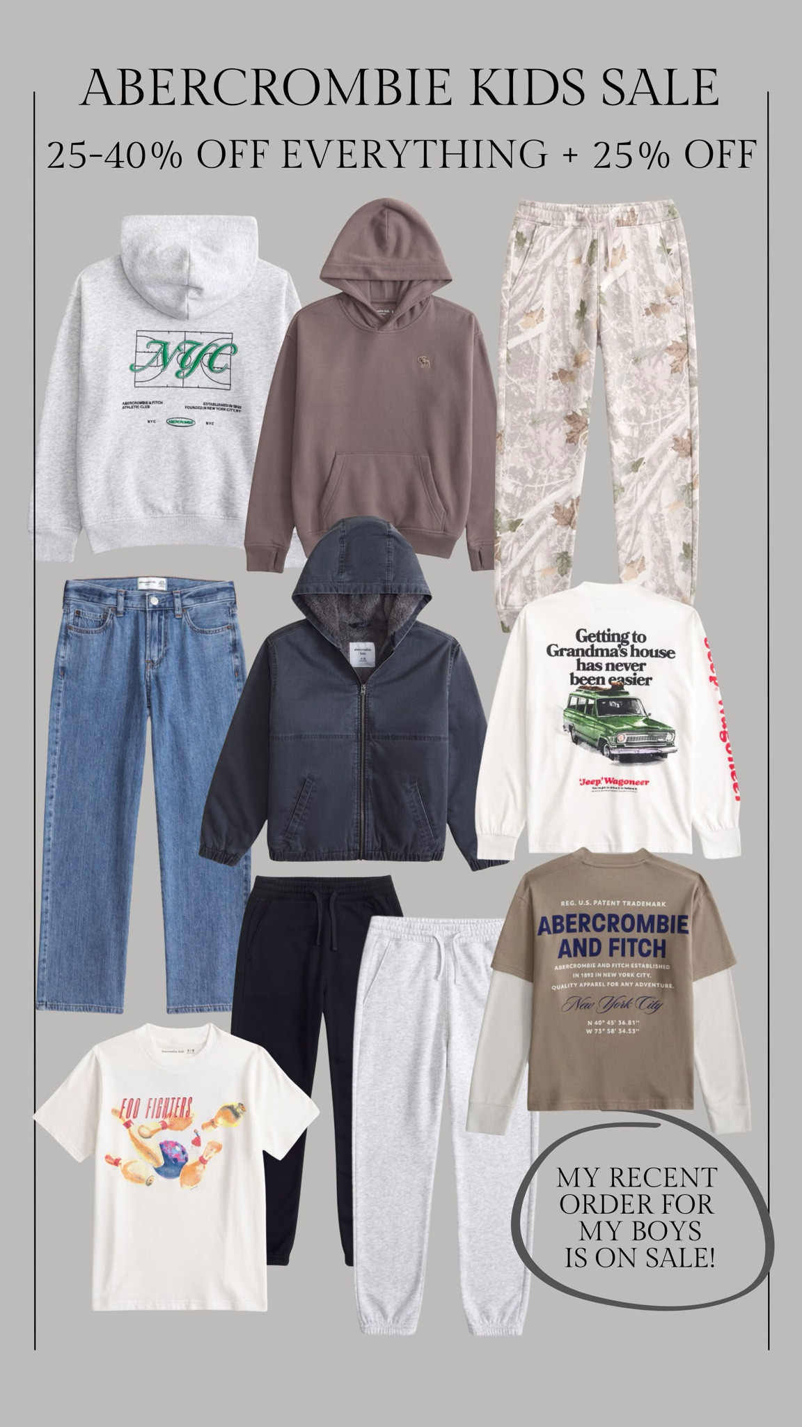 Major Abercrombie sale - ends tonight 12/9! Everything I just ordered from Abercrombie for my boys is 20% off + an extra 25% off with the code: JENREED 

Abercrombie sale, boys outfit, boys clothes, boys gift, tween boy outfit, Abercrombie tween boy, boys sweatshirts, boys jeans, boys sweatpants, boys camp pants, little boys pants, boys jacket, Christine Andrew 

#LTKGiftGuide #LTKSaleAlert #LTKKids