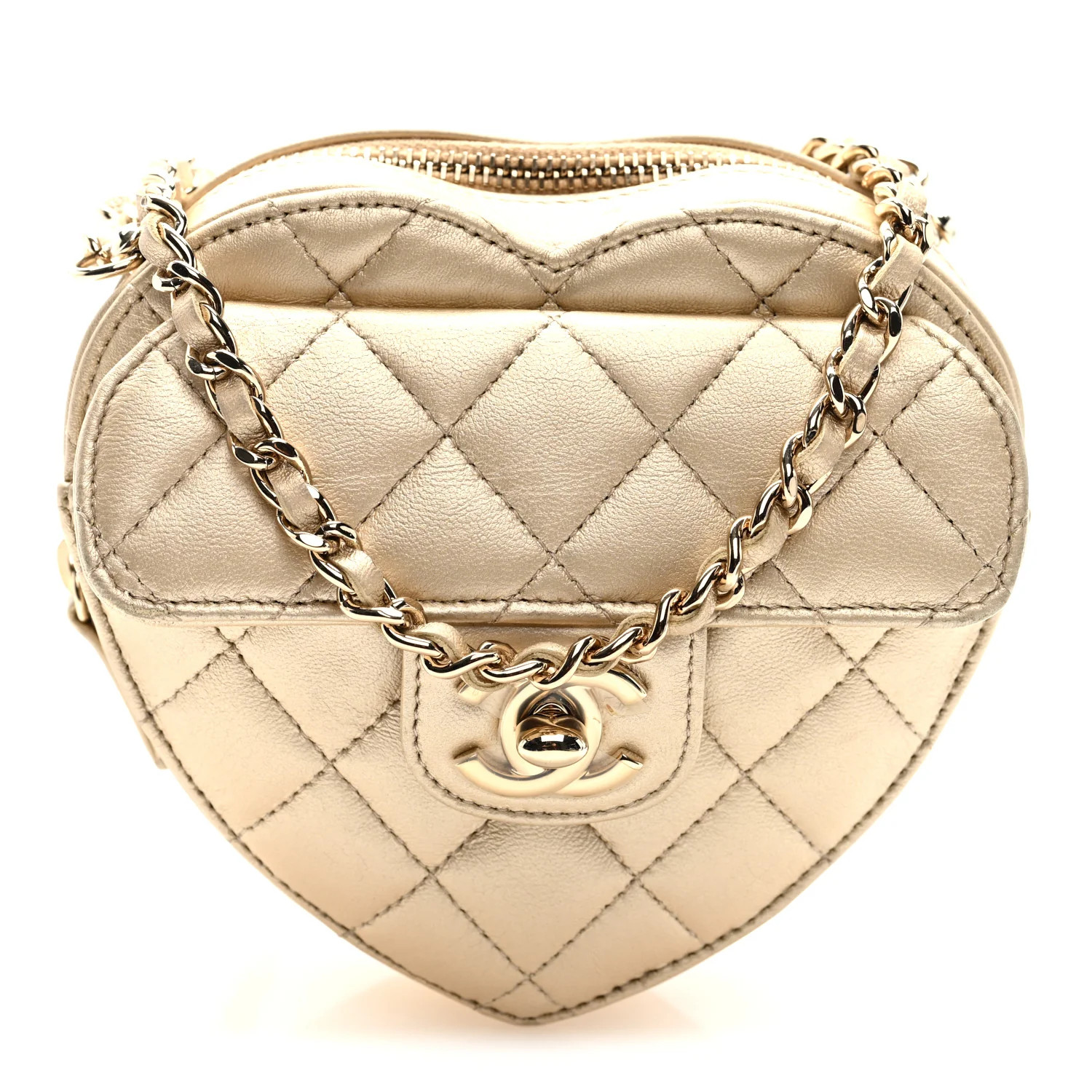 Metallic Lambskin Quilted CC In Love Heart Clutch With Chain Gold | FASHIONPHILE (US)
