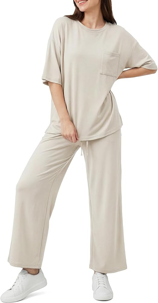 OUGES Women's Lyocell Cotton Pajamas Sets 2 Piece Relaxed Pjs Short Sleeve Top Drawstring Pants L... | Amazon (US)
