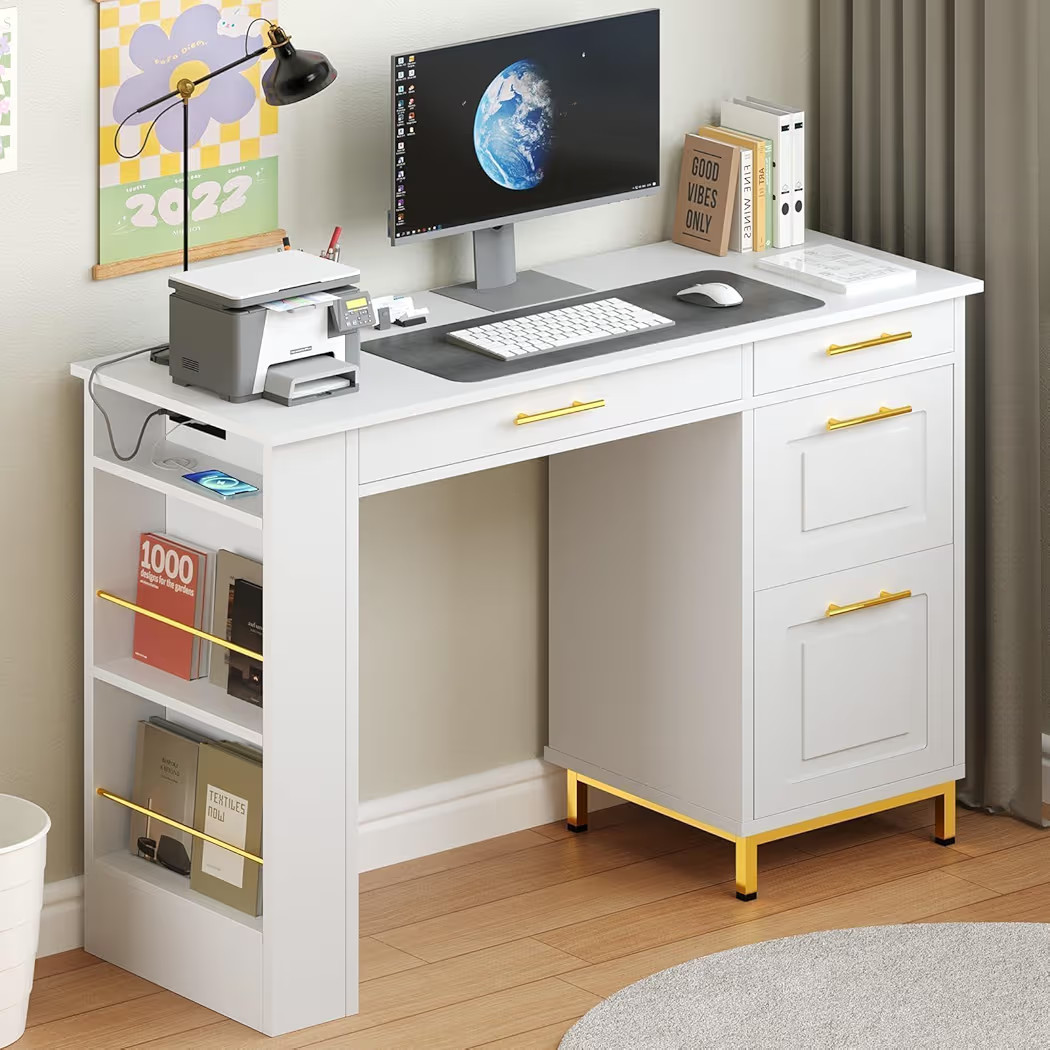 4 EVER WINNER White Desk with Drawers and Power Outlet, 48 Inch Small Desks with Storage Shelves,... | Amazon (US)