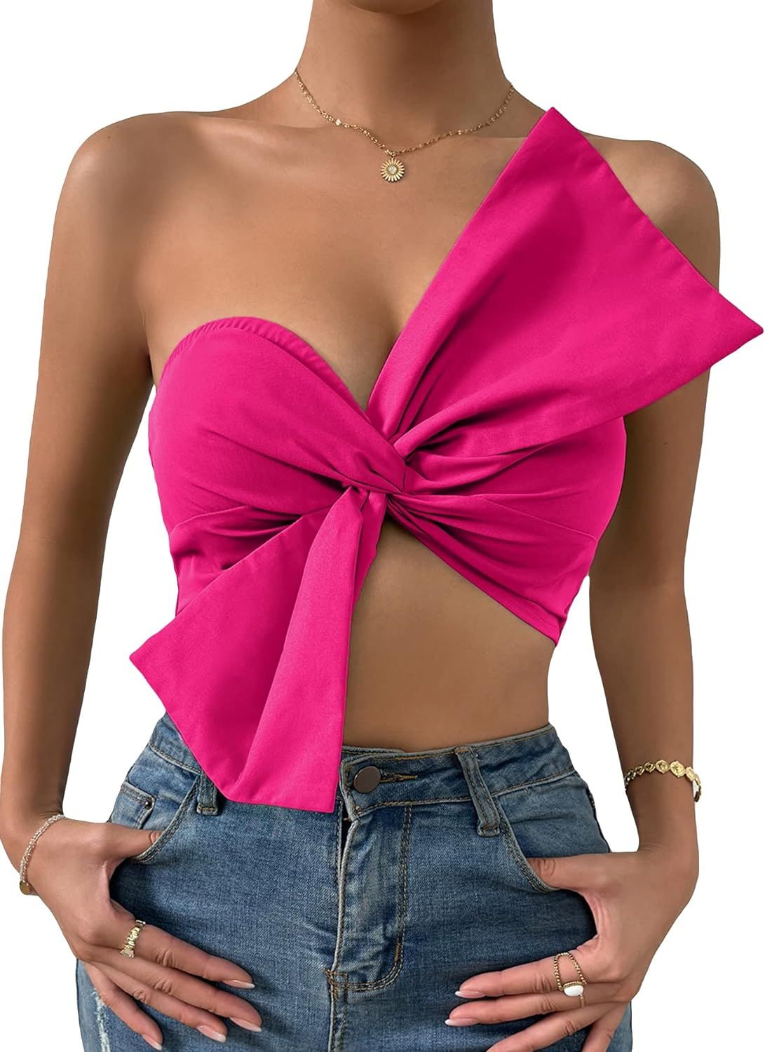 OYOANGLE Women's Twist Bow Front Crop Tube Top Shirred Sleeveless Strapless Bandeau Tops Hot Pink... | Amazon (US)