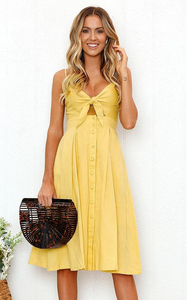 ECOWISH Women Dresses Summer Tie Front V-Neck Spaghetti Strap Button Down A-Line Backless Swing Midi | Amazon (US)