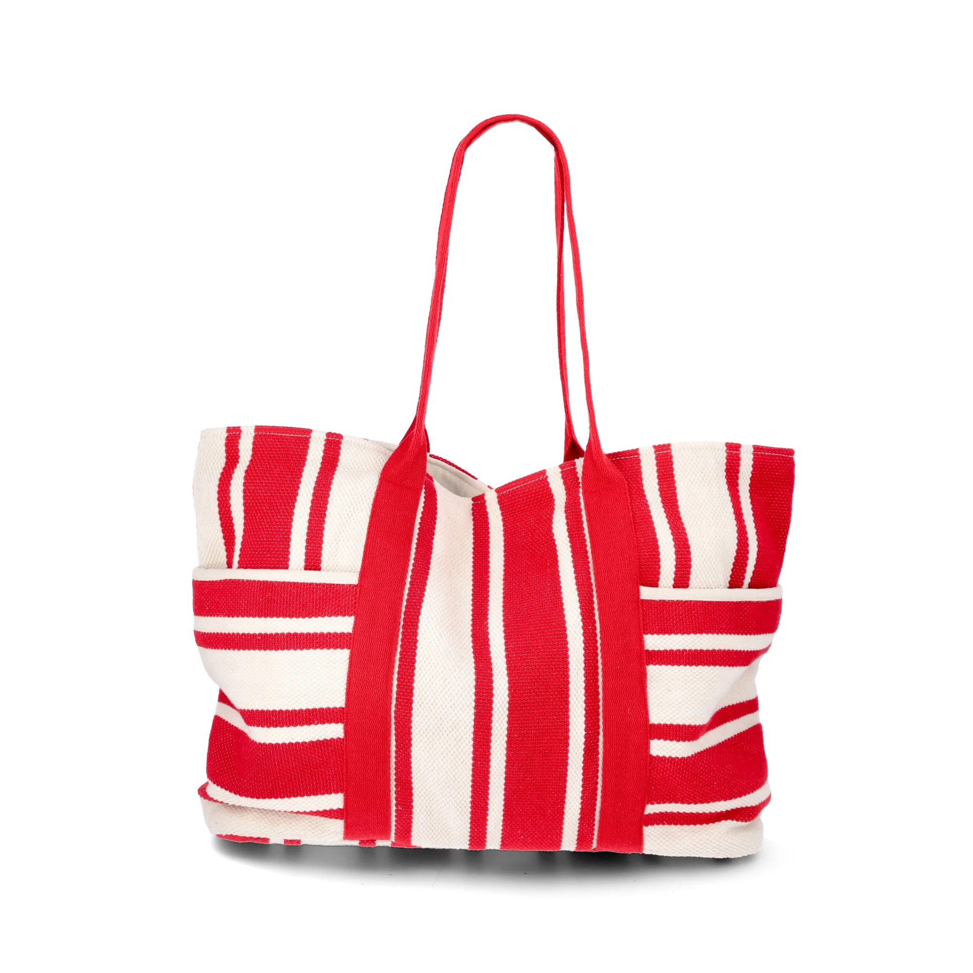 Time and Tru Women's Pocket Tote Handbag and Matching Pouch, Red and White Stripes | Walmart (US)